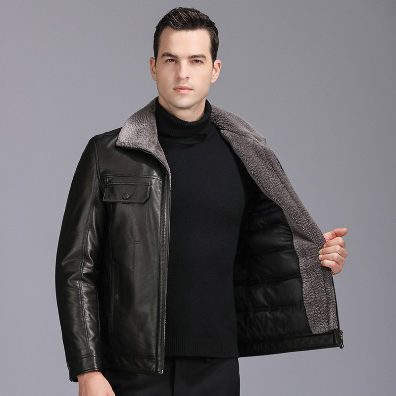 Goose Down liner leather coat men's short first layer sheepskin down jacket winter thick jacket Haining fur coat