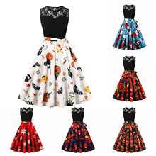 D万圣节女装新跨境厂家欧美复古裙蕾丝圆领无袖拼印花大摆连衣裙