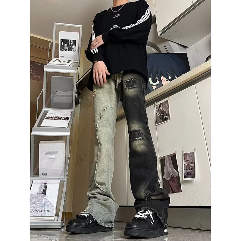 Internet Celebrity American Style Street Yellow Mud Dyed Fake Ripped Washed Jeans Men's High Street Style Men's and Women's Trendy Brand Loose Straight Pants