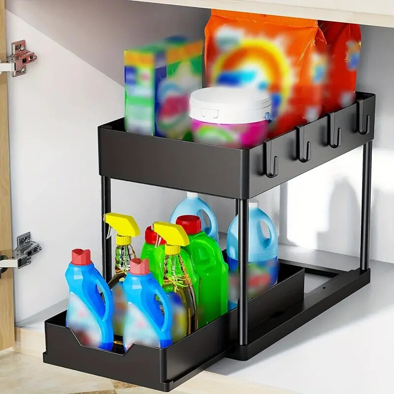 Cross-border sliding double-layer storage drawer storage rack sink sewer storage rack with hook drawable kitchen