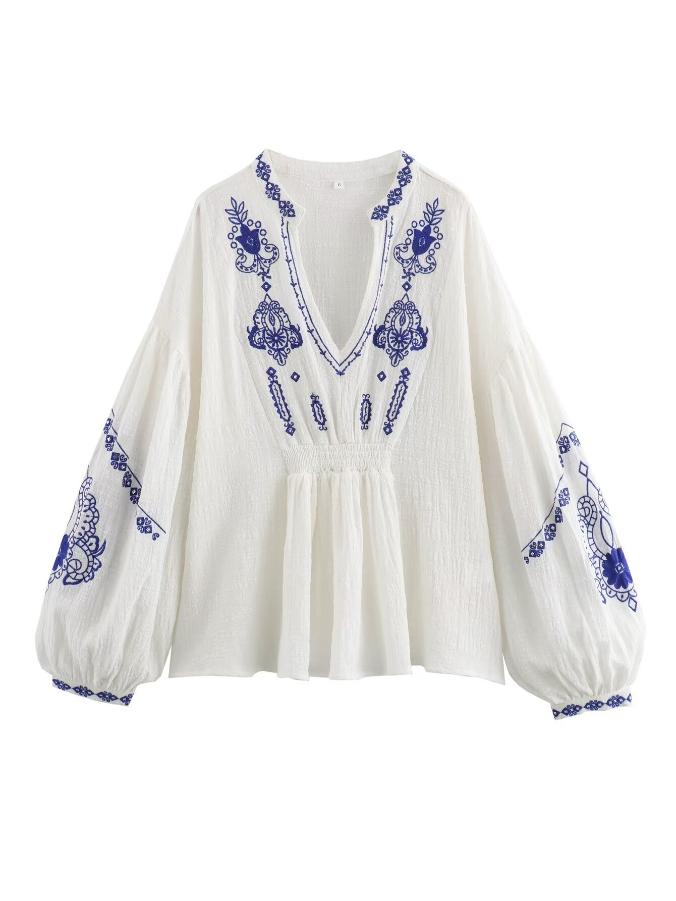 Cross-border Women's 2024 Summer New European and American Fashion Casual V-neck Cotton Beaded Embroidered Shirt Top Women