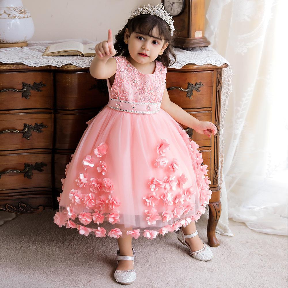 Suministro transfronterizo vestido para niños vestido de novia de niña de flores tridimensionales vestido de princesa mullido de niña vestido de niños