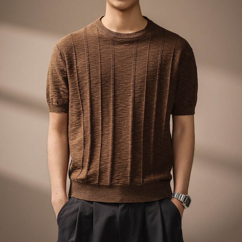 High-End American-Style Linen Texture Tough Guy Short-Sleeve Knit Shirt for Men, New Summer Model, Old Money Vertical Stripe Crew Neck T-Shirt for Men High-End American-Style Linen Texture Tough Guy Short-Sleeve Knit Shirt for Men, New Summer Model, Old Money Vertical Stripe Crew Neck T-Shirt for Men