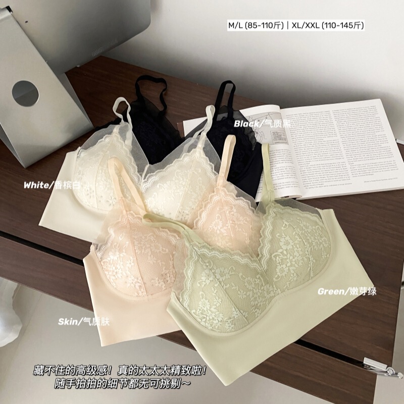 Spring and summer seamless thin beautiful back bra French pearlescent yarn lace hole cup breathable non-steel ring wrapped breast underwear