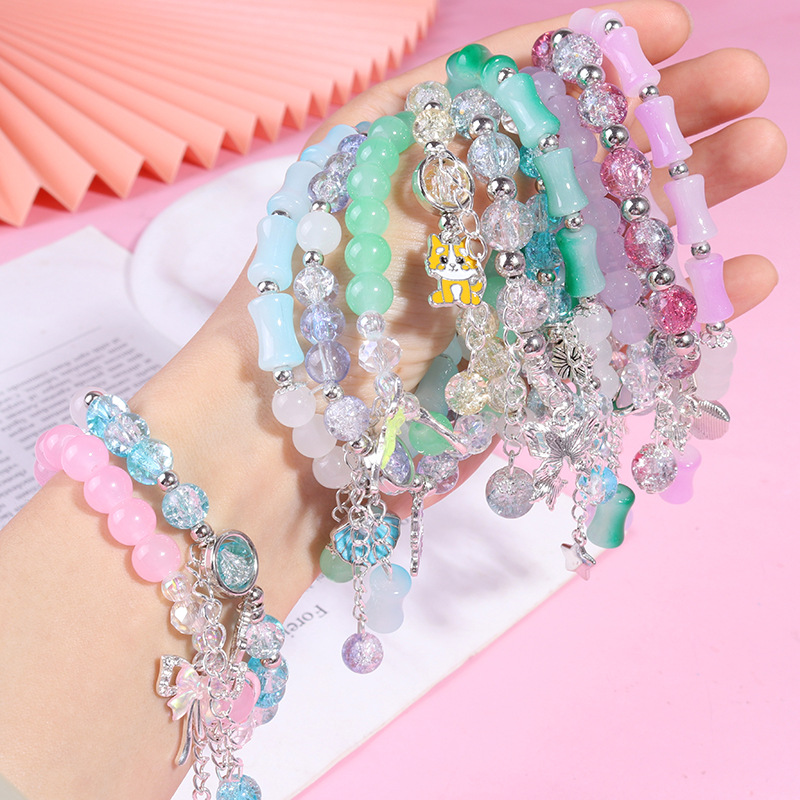 Pulsera de cuentas de bambú de dibujos animados - Estilo时尚, venta al por mayor, cuentas de cristal, joya para parejas y estudiantes, pulsera para niños y joyería femenina