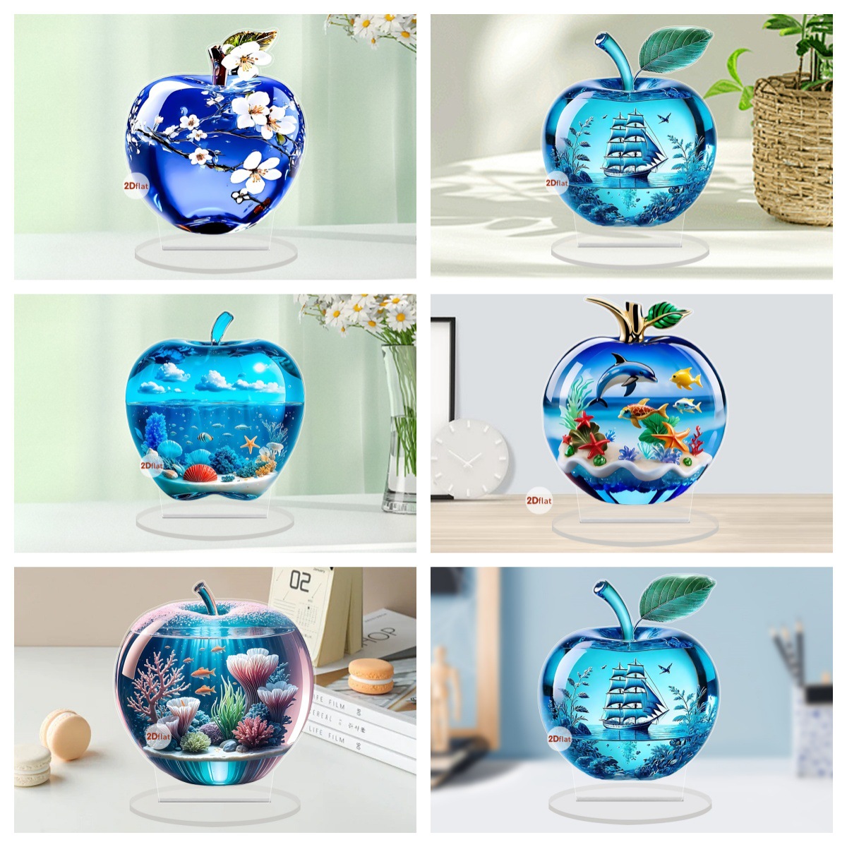 亚马逊新款蓝色海洋苹果2D平面亚克力海洋馆桌面装饰品礼品摆件