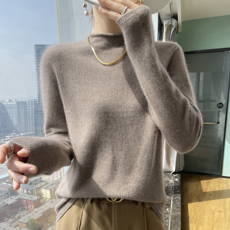 Seamless High-end pure cashmere women's curling half turtleneck soft glutinous sweater elegant top autumn and winter knitted bottoming shirt