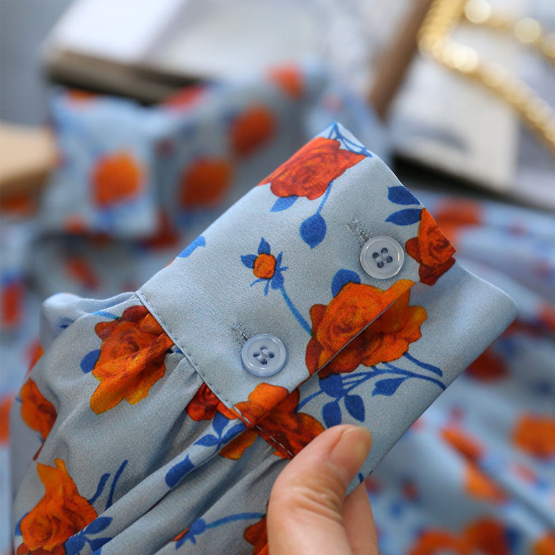 Meicheng oil painting high-end light luxury pure artificial silk vintage printed 2022 early spring women's shirt top new