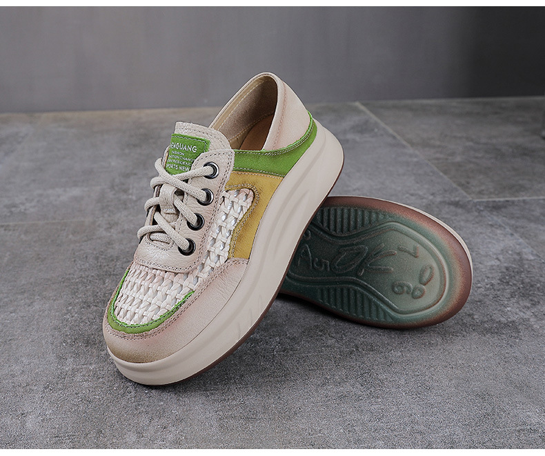 Giày sneaker nữ da bò lỗ thoáng khí dây buộc mũi tròn phong cách cổ điển — xanh lá cây chi tiết 14