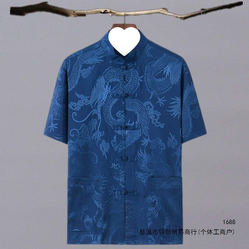 夏季唐装男短袖上衣中老年人中国风半袖盘扣中式爸爸装中年男夏装