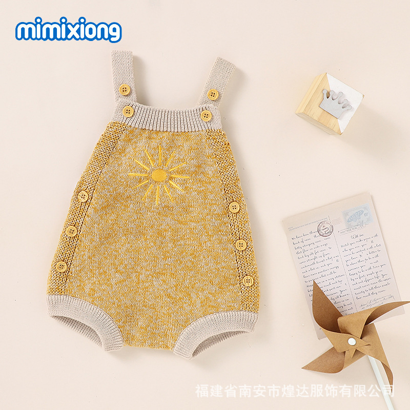 Ins Hot Selling Autum New Baby Sunflower Embroider Suspender Knitted Jumpsuit Triangle Harem