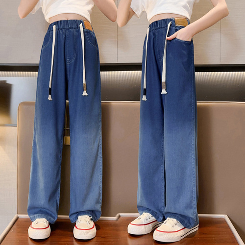 Women's Summer Thin Tencel Denim Jeans for Big Children - Casual Loose Straight Leg Gradient Color Stylish Wide Leg Pants
