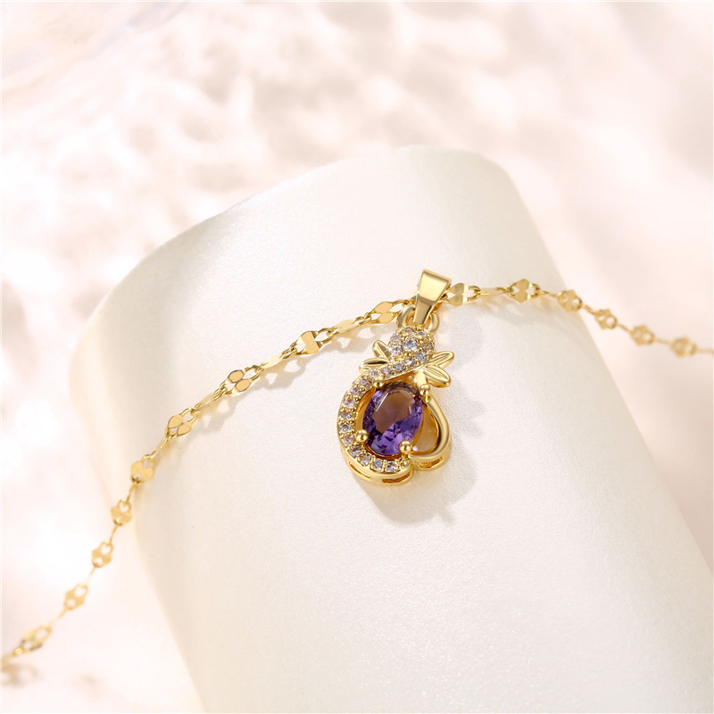 Wholesale Jewelry Amethyst Slower Zircon Copper Pendant Titanium Steel Chain Necklace Nihaojewelry display picture 5