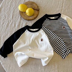 Children's Striped T-shirt for Boys and Girls, Spring 2024 New Arrival, Overshoulder Sleeve, Trendy Baby Long-Sleeve Base Shirt, Pure Cotton
