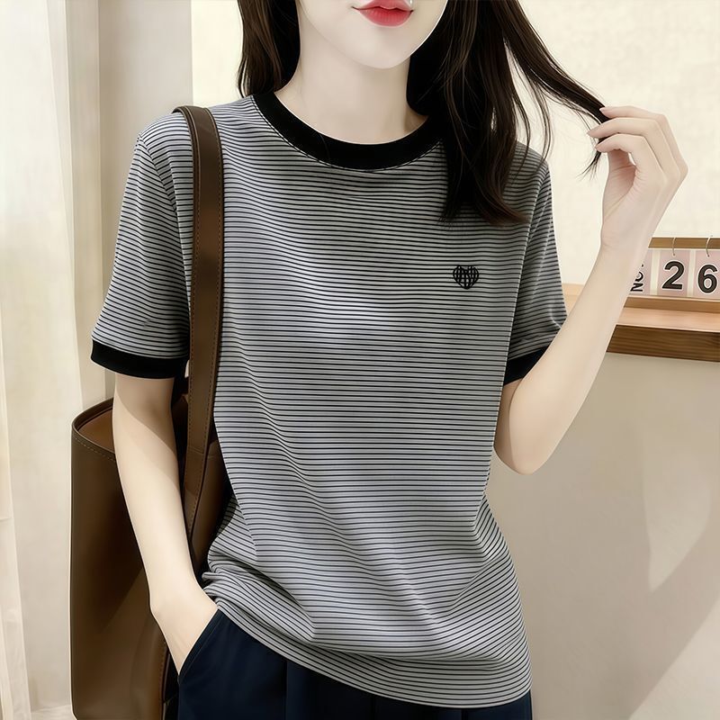 Color-Woven Ice Silk Ribbed Embroidered Regular Shoulder Striped Short-Sleeve T-Shirt for Women, Versatile Slim-Fit Flattering Round-Neck Stylish Top Color-Woven Ice Silk Ribbed Embroidered Regular Shoulder Striped Short-Sleeve T-Shirt for Women, Versatile Slim-Fit Flattering Round-Neck Stylish Top