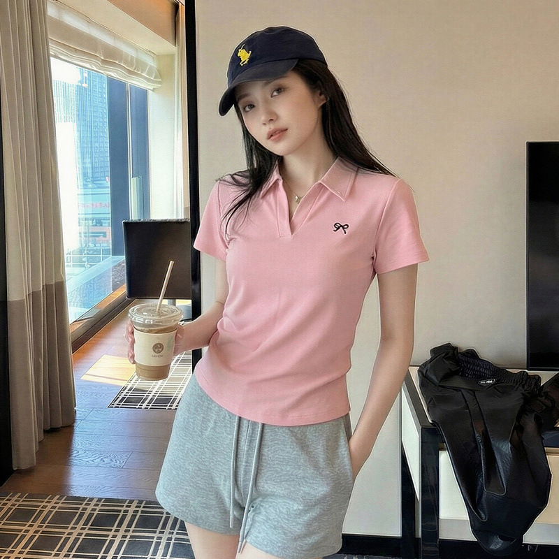 AI实拍#白色刺绣polo翻领正肩短袖T恤女春季夏褶皱收腰短款上衣