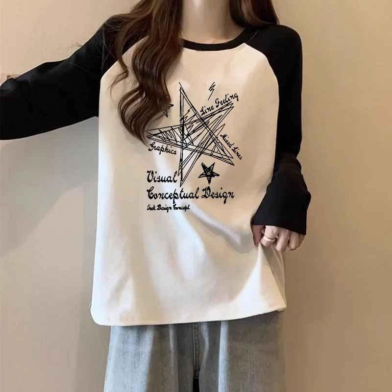 Trendy Brand Raglan Long-Sleeve T-Shirt for Women, College Style Letter Print, New Loose Fit, Spring and Autumn Color-Blocking Ins Top, Base Shirt Trendy Brand Raglan Long-Sleeve T-Shirt for Women, College Style Letter Print, New Loose Fit, Spring and Autumn Color-Blocking Ins Top, Base Shirt