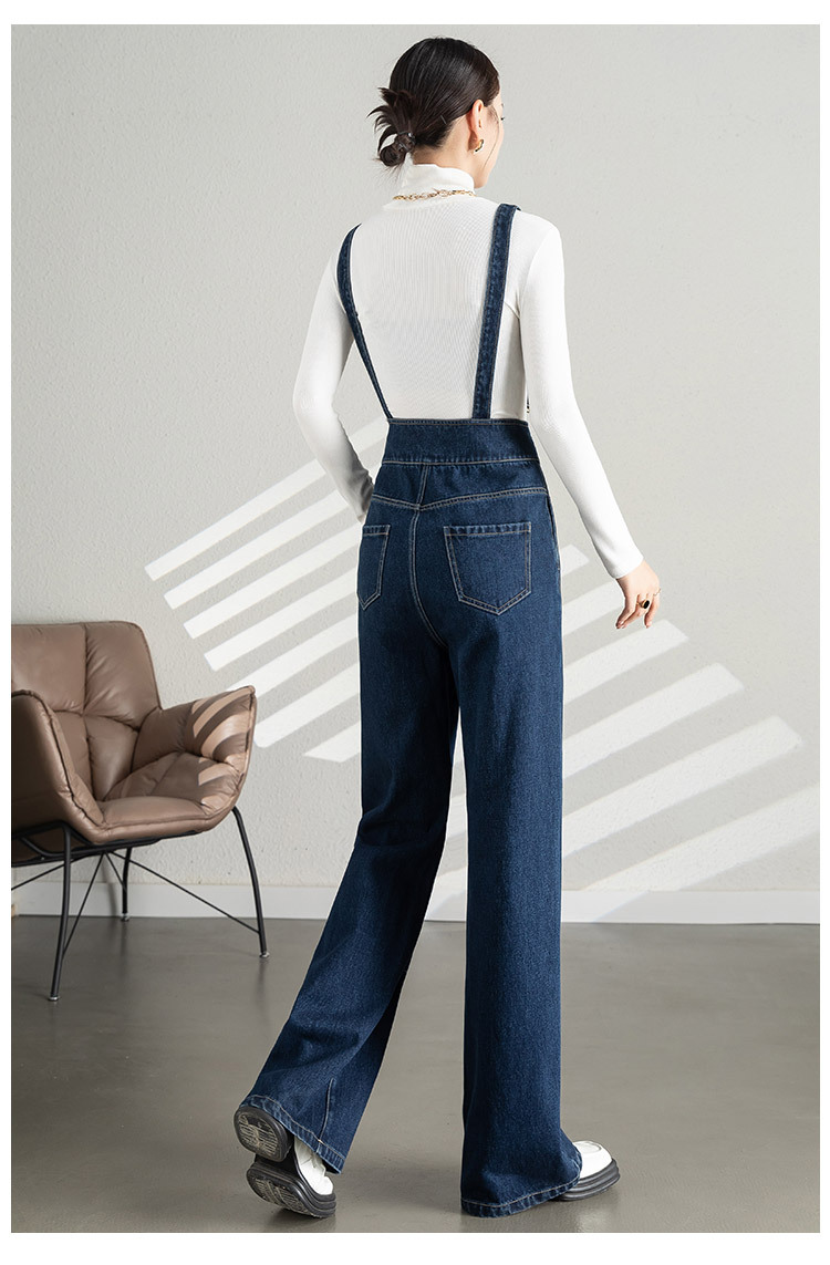Quần yếm denim nữ dáng rộng ống rộng cạp cao ống thẳng — Màu xanh lam chi tiết 11