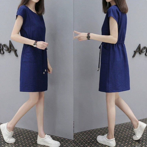 2025 Summer Plus Size Korean Style Loose T-shirt Dress with Drawstring V-neck Slimming and Beautiful Women's Dress