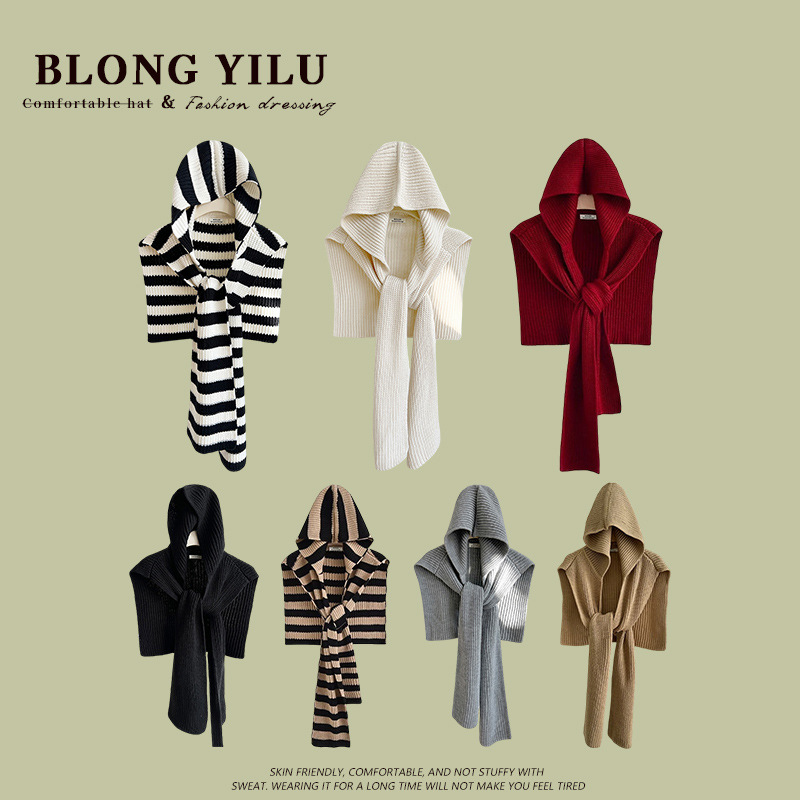 Trendy Knitted Hooded Shawl for Women, Autumn and Winter Warm Versatile Outerwear, Sichuan Travel Scarf