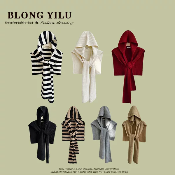 Trendy Knitted Hooded Shawl for Women, Autumn and Winter Warm Versatile Outerwear, Sichuan Travel Scarf