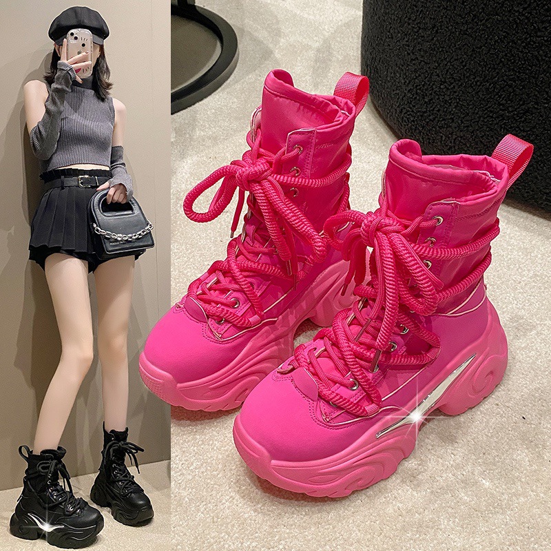 欧洲站时装靴女2024秋冬真皮松糕厚底小个子短靴玫红色中帮鞋增高