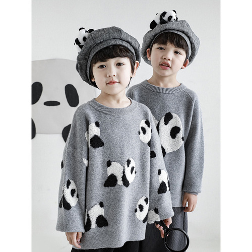 Wulibu Yi Children's Panda Embroidered Round Neck Knitted Sweater Casual Top 2024 New Boys' Sweater Trend