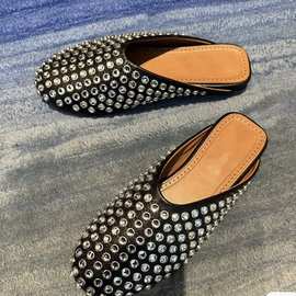 AL高定手工圆头纯色法式铆钉水钻休闲平底真皮半拖芭蕾舞鞋flat