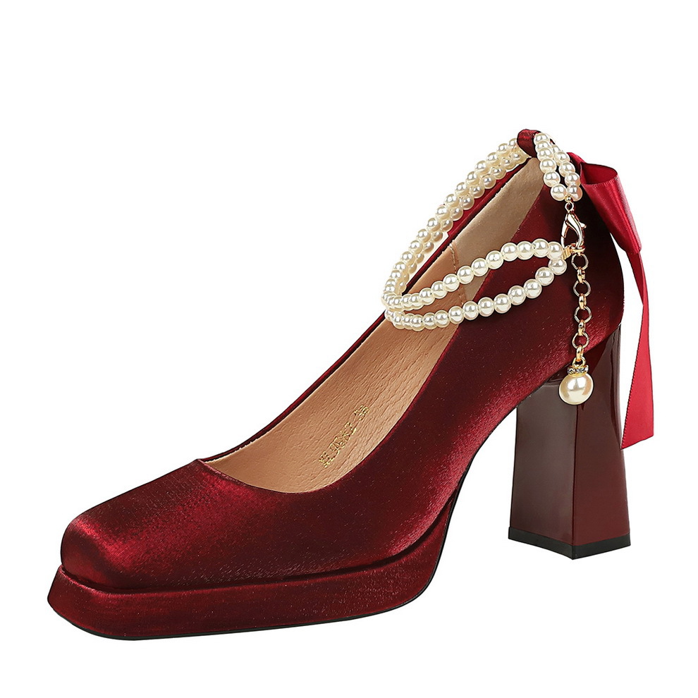 Satin Platform Stiletto Heels With Pearl Strap And Bow Detail_voghion.com