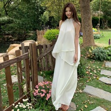 实拍2026夏装新款仙气清冷风无袖雪纺衫上衣A字半身裙两件套装女