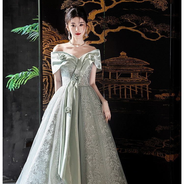 Vestido de noche para examen de canto estudiantil, estilo nuevo 2026, con hombros descubiertos, largo y elegante, para sesión de fotos de graduación