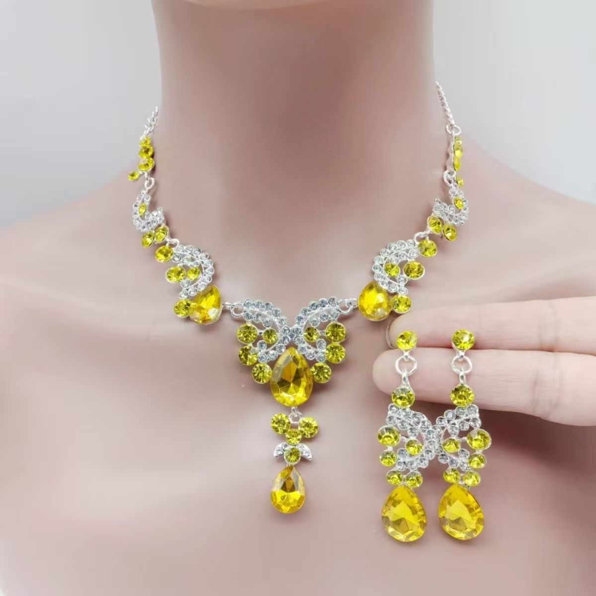 Set di collana e orecchini da sposa con zirconi per e-commerce transfrontaliero, abito da sposa, matrimonio, banchetto, gioielli e accessori_voghion.com