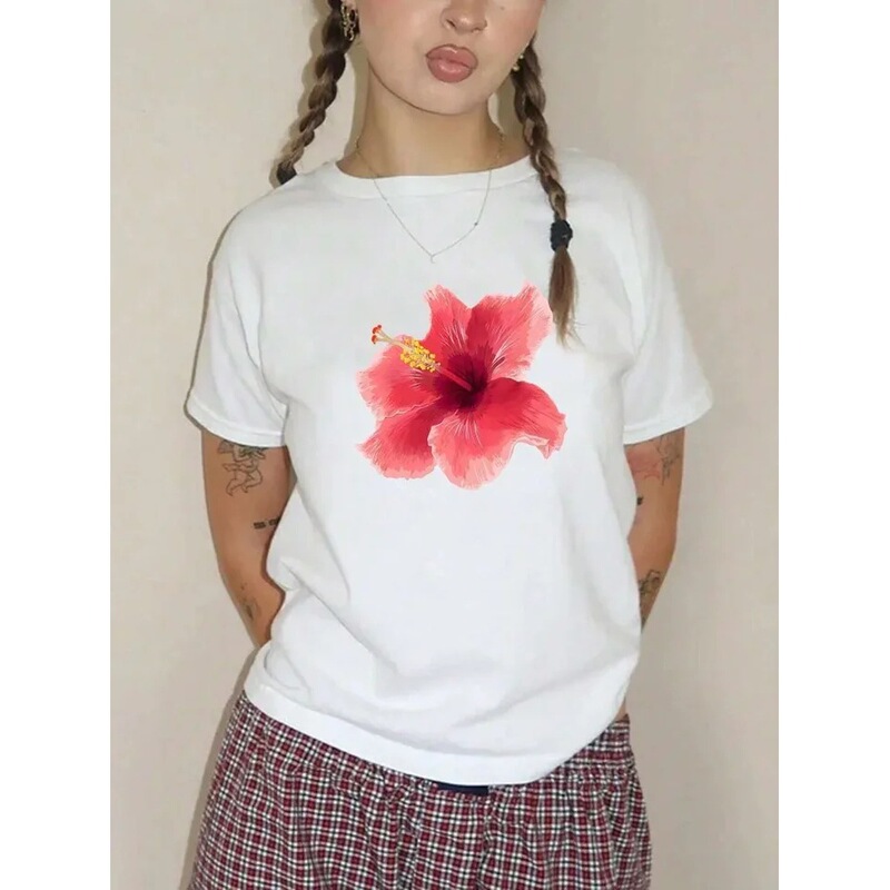 【Cross-Border European Size】Printed T-Shirt Polynesian Hibiscus Monstera T-Shirt Fashion Women's T-Shirt Harajuku