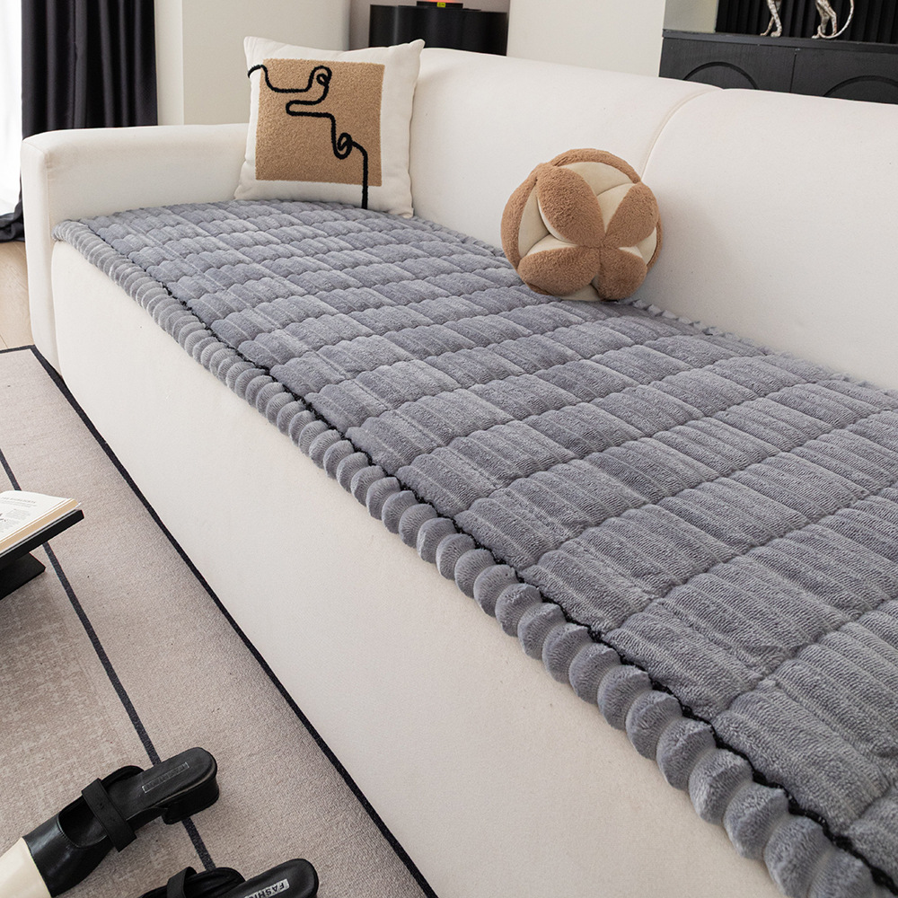 Scandinavian Simple Autumn and Winter Plush Pure Color Stripesd Thickeneded Flannel Non-Slip Non-Stick Fur Sofa Cushion Cushion Sofa Cover