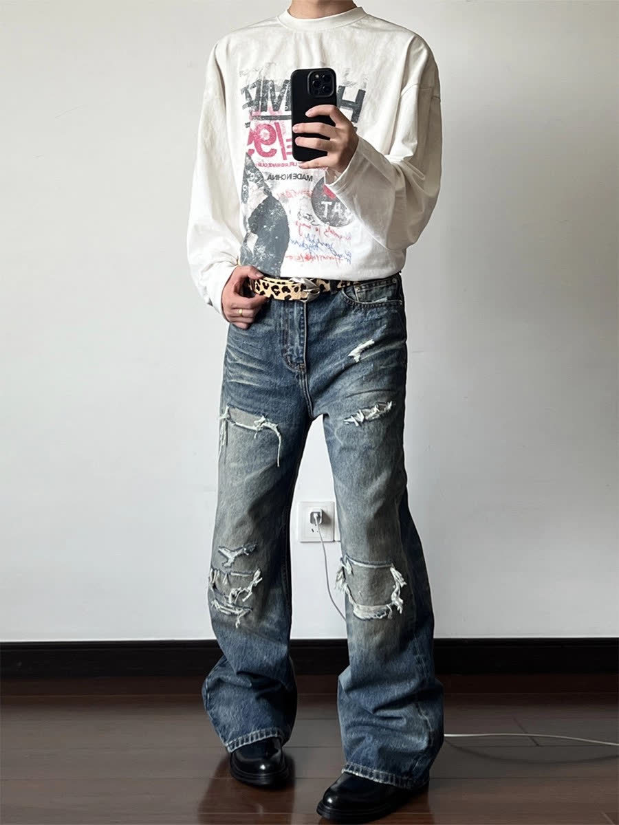 Men's Distressed Washed Denim Jeans With Rip & Frayed Details, Loose Fit Straight Leg Pants, Vintage Streetwear Style For Casual Wear_mkmklike.com