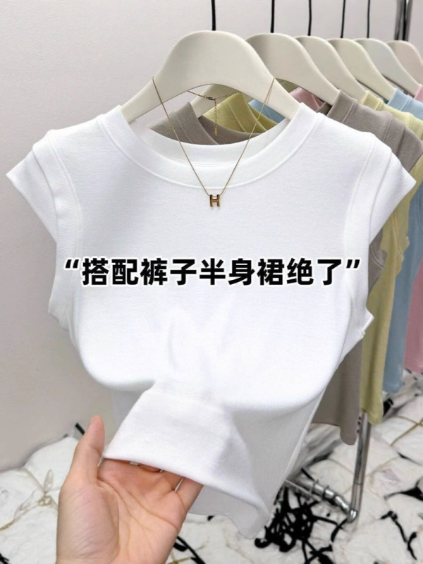 正肩夏季2025新款圆领无袖短袖T恤设计感小众修身飞飞袖短款上衣|undefined