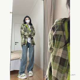 大码美式复古格子衬衫女春秋新款设计感小众宽松显瘦衬衣叠穿外套
