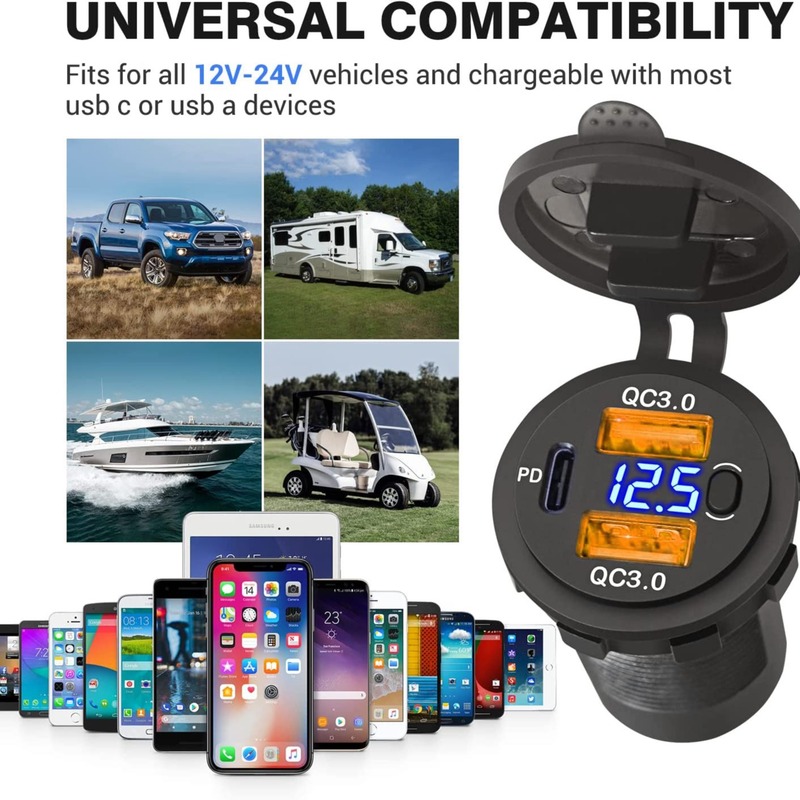 改造ダブルusbインターフェイス車載充電器携帯電話ダブルQC3.0アルミ合金スイッチボタン車充電PD共有|undefined