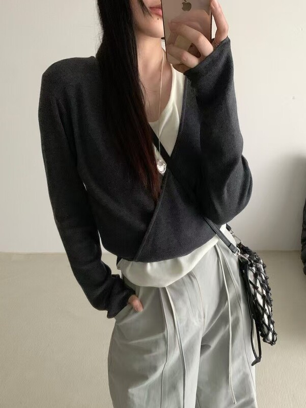 MUYANG 温柔蓝色拼灰背心 绑带假两件针织衫开衫 女假套式毛衣女|undefined