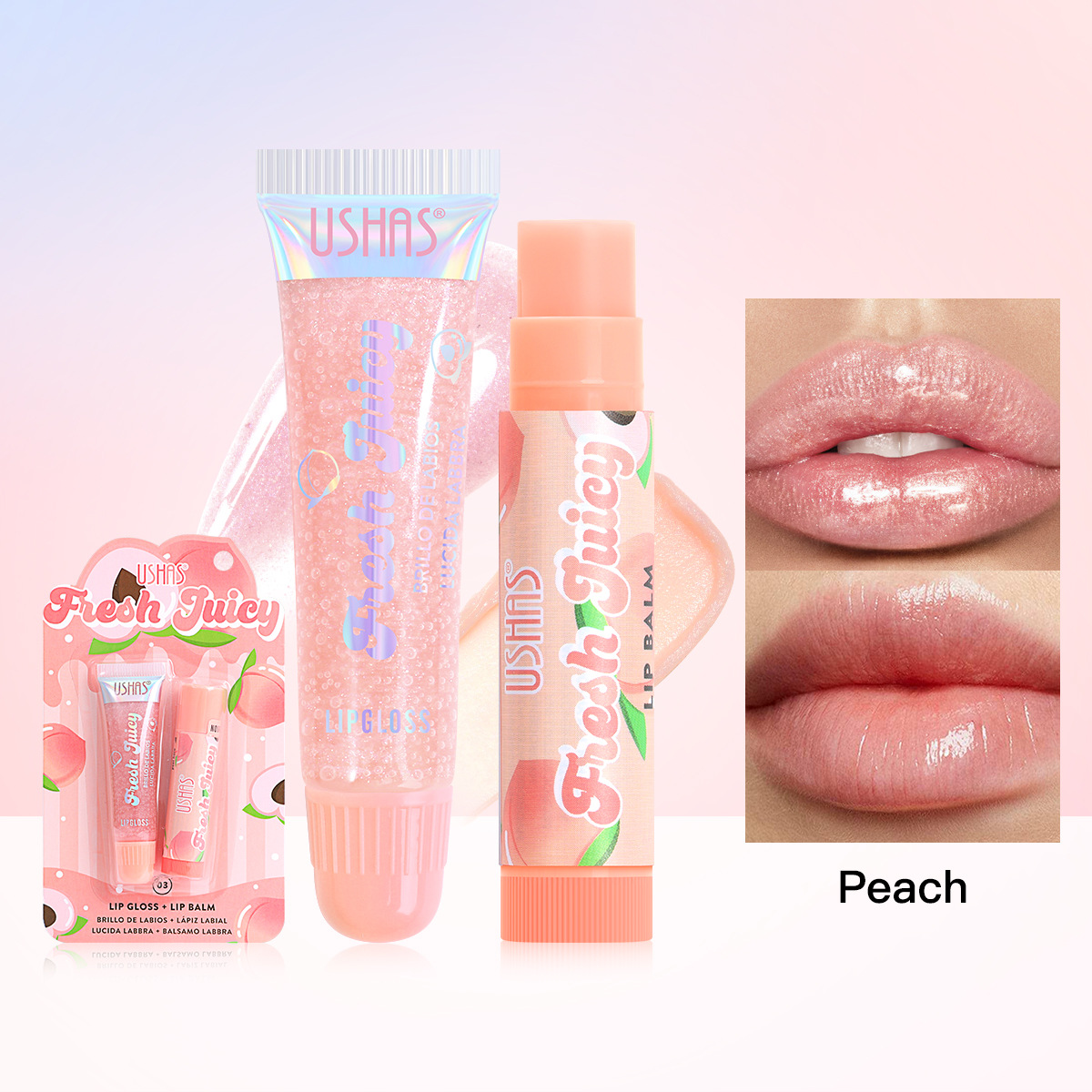 USHAS European and American Cross-border spot lápiz labial brillo de labios sabor a fruta combinación hidratante e hidratante US012