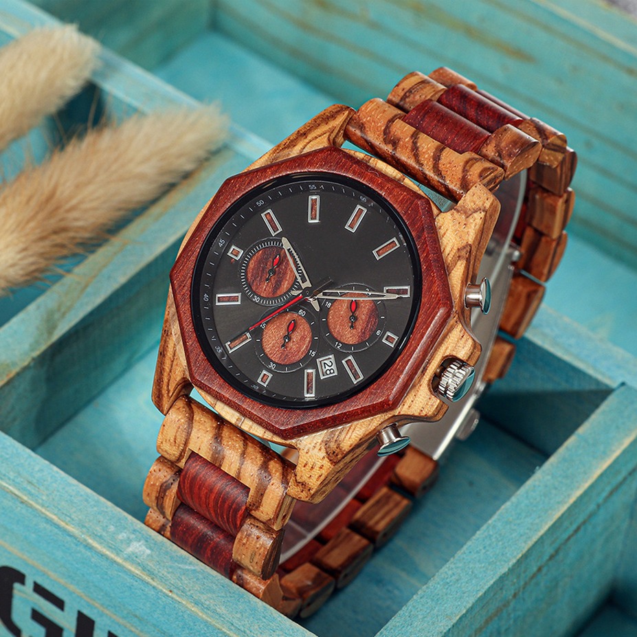 Reloj de cuarzo de madera de sándalo multifuncional creativo, el más vendido en el sitio independiente de Amazon, reloj de madera para hombre con esfera grande