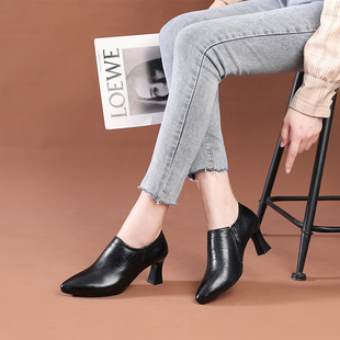 Deep Mouth Single-layer Shoes Women's 2021 Spring and Autumn Genuine Leather High Heel Soft Leather Pointed Thick Heel All-match Small Size 32 Working Leather Shoes for Women