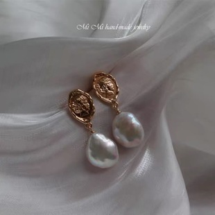 Natural Baroque Pearl Earrings Gold Plated Vintage Gold Coin Pearl Earrings Internet Celebrant Explosions Queen Gold Coin Earrings