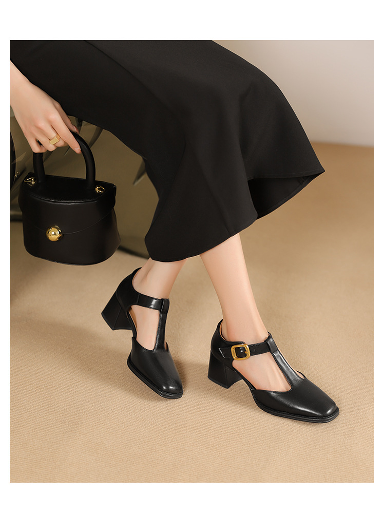 Sandal nữ quai chữ T đầu vuông hở mũi đế bệt — Màu nâu chi tiết 13