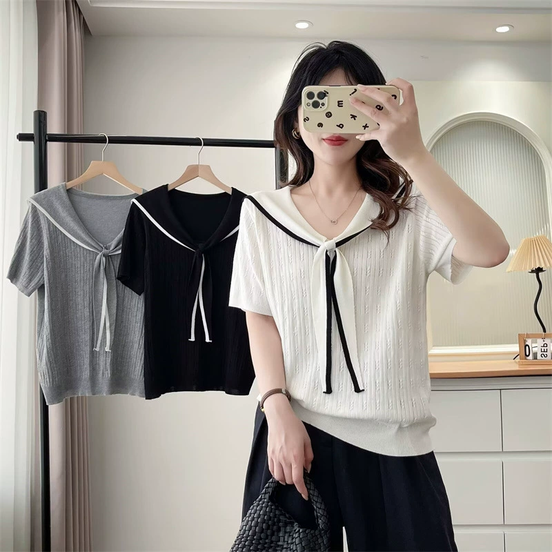 Лето 2025, женская трикотажная футболка больших размеров с короткими рукавами, темно-синяя футболка с галстуком-бабочкой, рубашка из ледяного шелка, эластичный топ для похудения, 1402