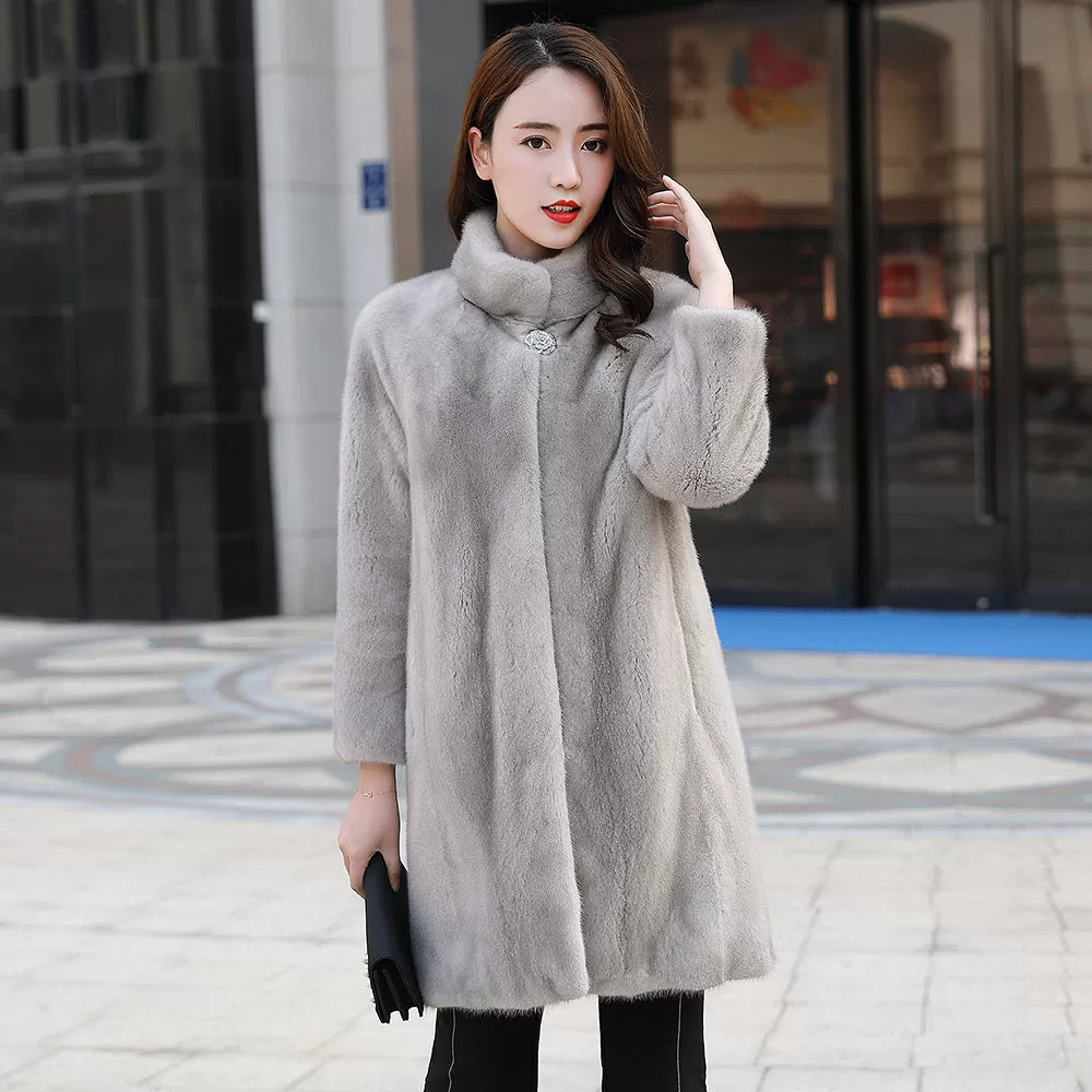 Imitation mink mid‑length coat, stand‑up collar, plush faux fur, Haining style, mid‑weight