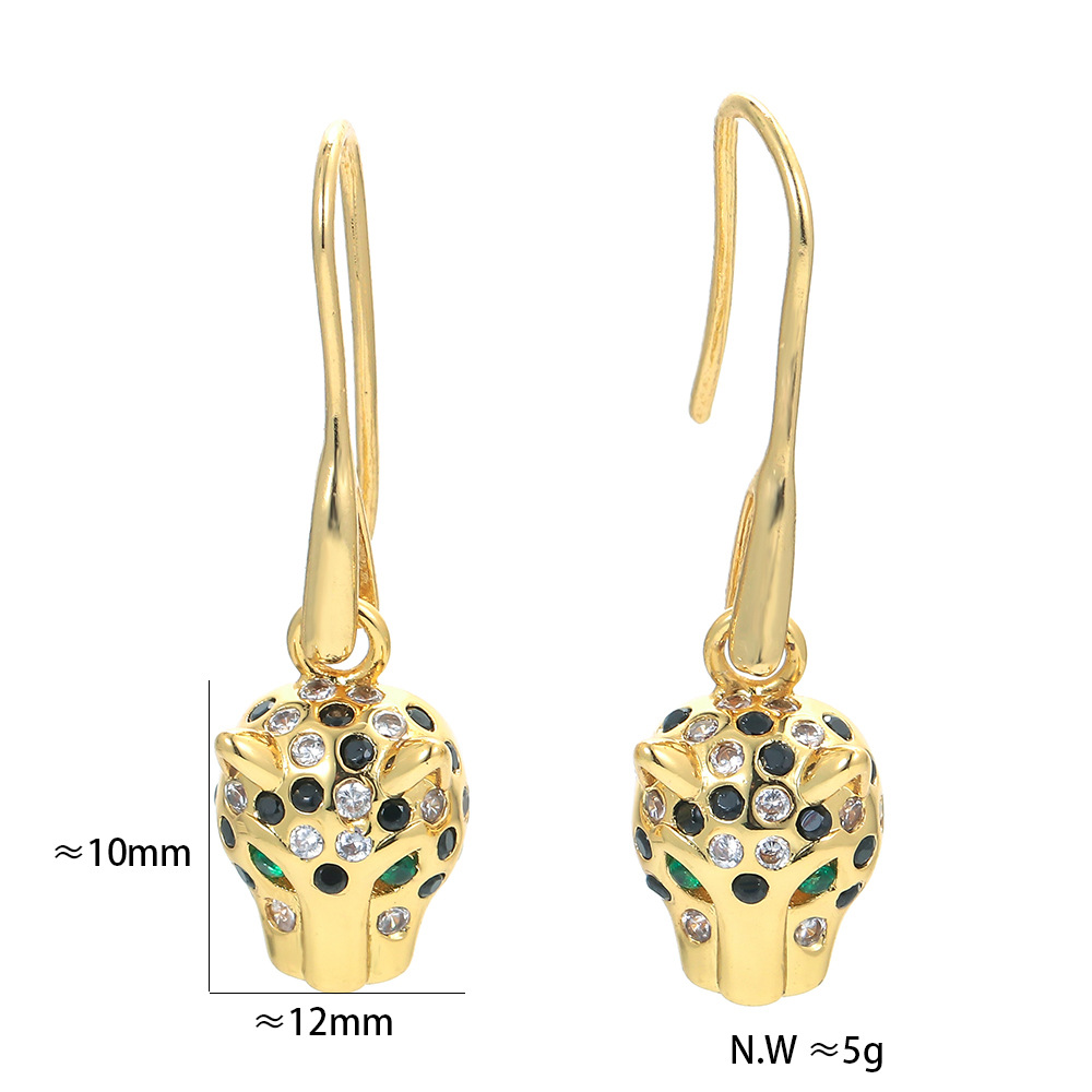 Fashion Leopard Head Pattern Retro Full Zircon Leopard Head Green Eye Leopard Earrings display picture 6