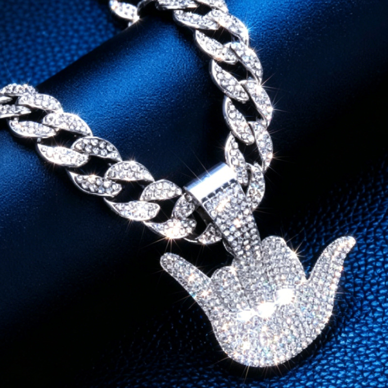 Collar con Colgante de Aleación con Diamantes Completos, Diseño de Gestos de la Suerte, Personalizado, Estilo Hip-Hop para Hombre, Cadena Cubana, Anillo de Dedo Texturizado