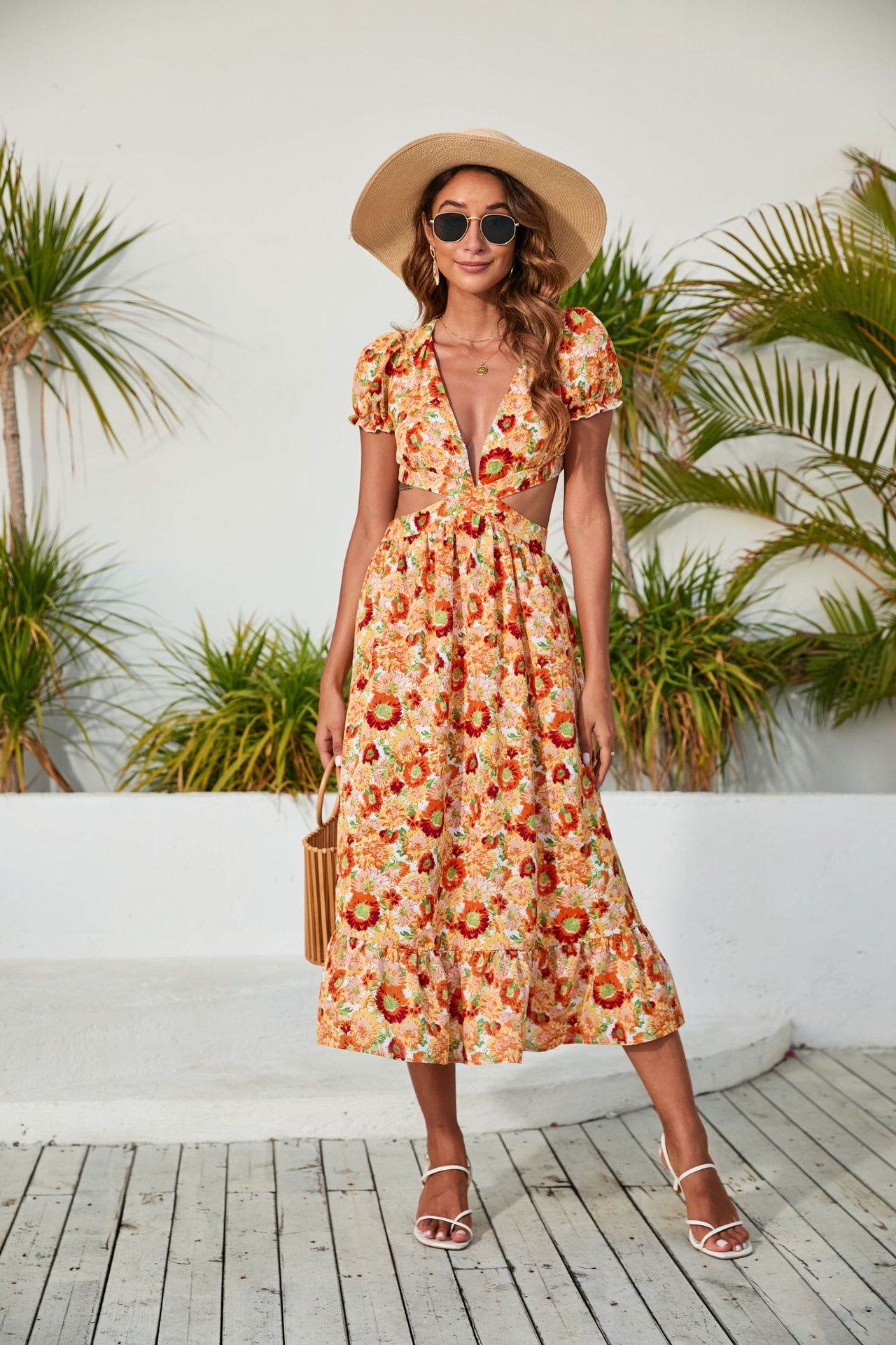 Bohemian Flower V Neck Short Sleeve Zipper Patchwork Midi Dress Irregular Skirt display picture 2