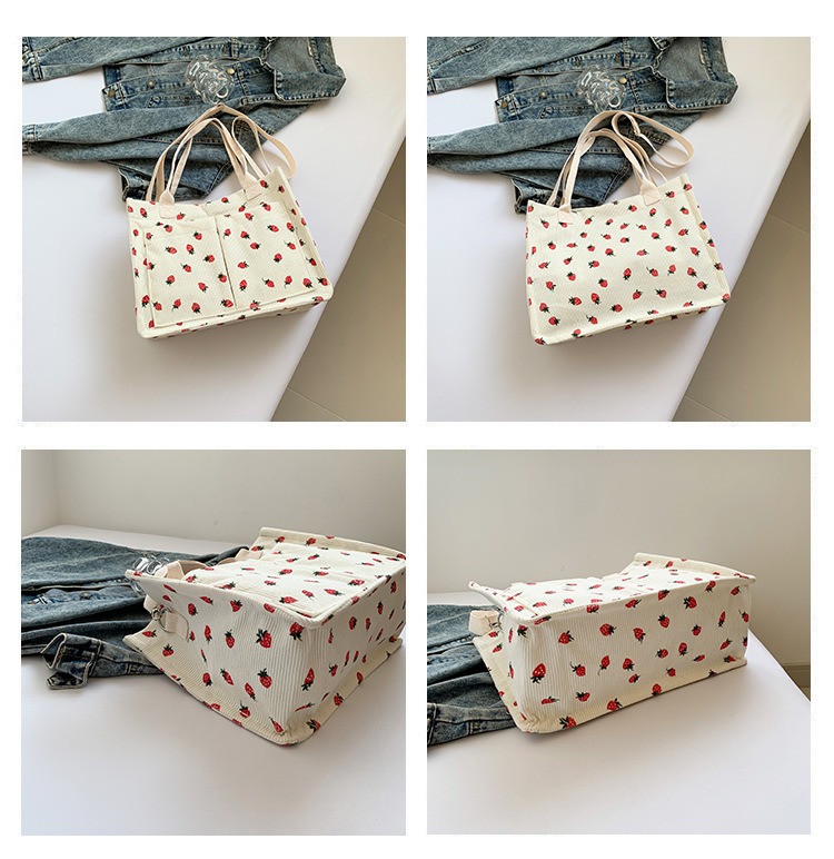 300g Weight Polyester Lining Material Zipper Closure Type Single Shoulder Strap Strap Type Tote Bag Bags Type Casual, School Occasion Corduroy Material Solid Color, Strawberry Pattern All Seasons Season Women's Gender Basic, Classic Style Style Square Shape Large Size Women's Large Corduroy Solid Color Strawberry Basic Classic Style Square Zipper Tote Bag 2